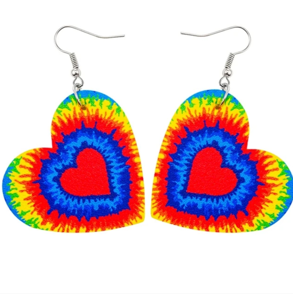 Rainbow Heart Tie Dye Dangle Earrings